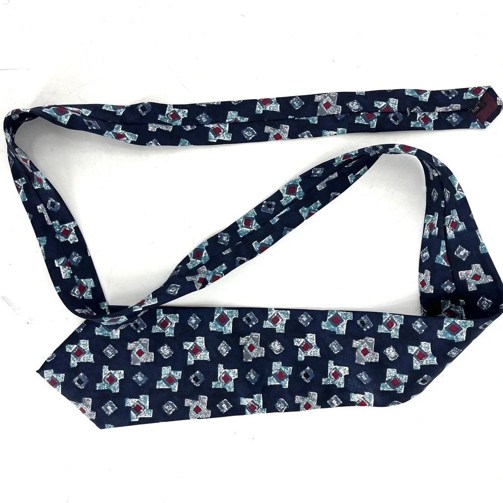 Henry Grethel Men's Silk Tie Blue Geometric Pattern Italian Silk 4 x‎ 53